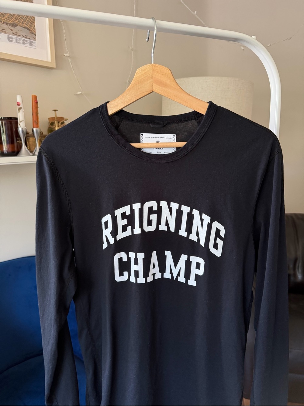 Reigning Champ Black Crewneck Tee with White Chest Logo Pima Cotton